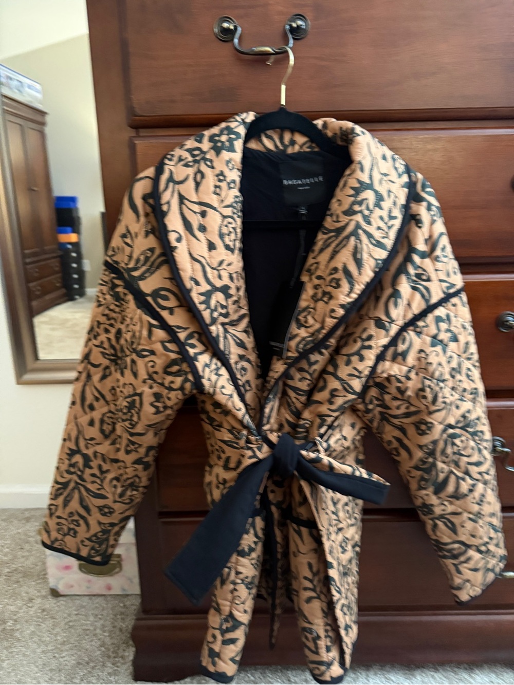 bagatelle Quilted Floral Wrap Puffer Coat in Tan and Black